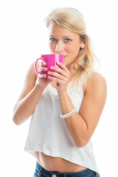 Young woman drinks coffee
