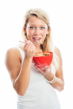 Blonde woman holds a breakfast bowl