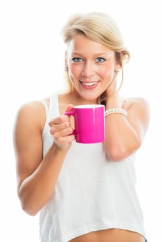 Young woman drinks coffee