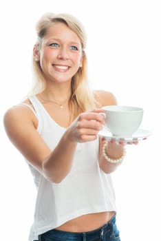 Young woman drinks coffee