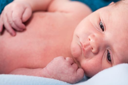 Newborn baby wrapped in a scarf sleeps naked as a close-up