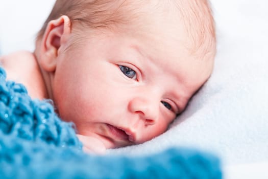 Newborn baby wrapped in a scarf sleeps naked as a close-up