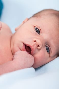 Newborn baby wrapped in a scarf sleeps naked as a close-up