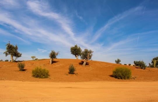 Desert landscape with dunes and sand with blue sky and white clouds