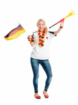 Blonde football fan with Vuvuzela