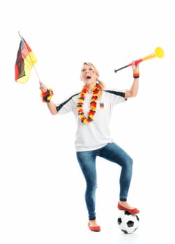Blonde football fan with Vuvuzela