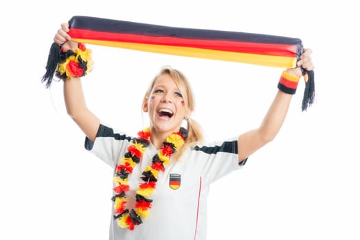 Blonde football fan with fan scarf