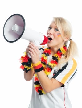 Blonde football fan with megaphone
