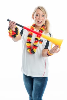 Blonde football fan with Vuvuzela