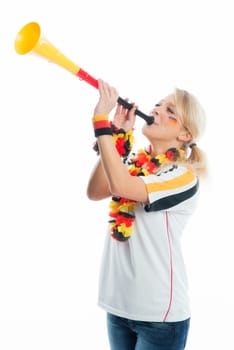Blonde football fan with Vuvuzela