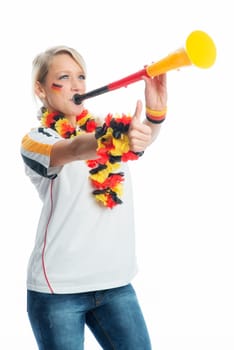 Blonde football fan with Vuvuzela