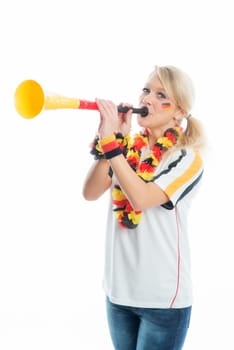 Blonde football fan with Vuvuzela