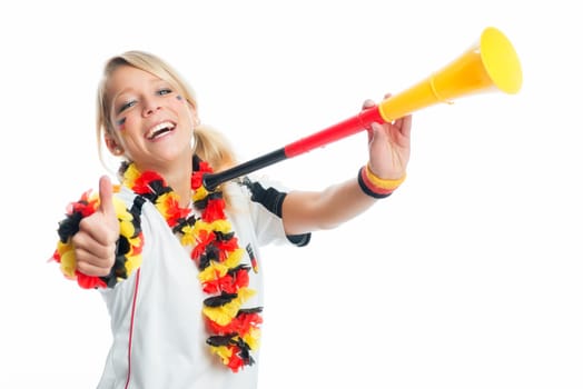 Blonde football fan with Vuvuzela