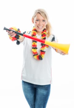 Blonde football fan with Vuvuzela