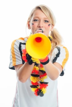 Blonde football fan with Vuvuzela