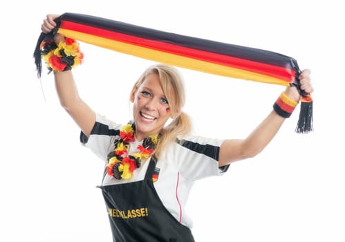 Blonde football fan with fan scarf