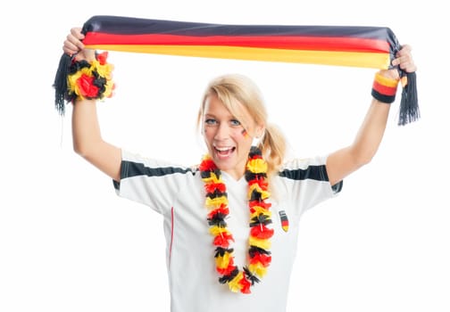 Blonde football fan holds up a fan scarf