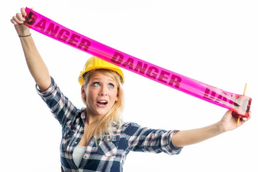 Female craftsman with shut-off tape