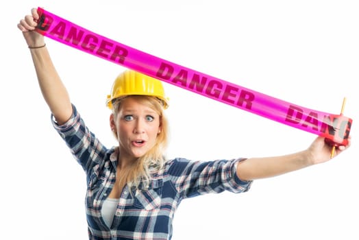 Female craftsman with shut-off tape