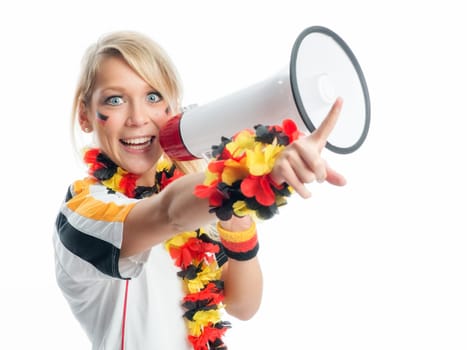 Blonde football fan with megaphone