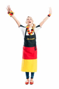 Jubilant blonde football fan with fan apron