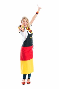 Jubilant blonde football fan with fan apron