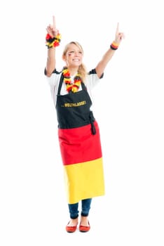 Jubilant blonde football fan with fan apron