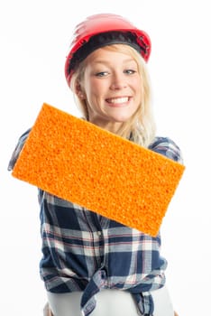Female craftsman with sponge as advertising space