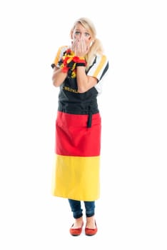 Jubilant blonde football fan with fan apron