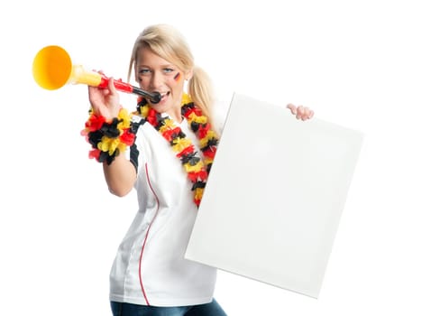 Blonde football fan with Vuvuzela holds a poster