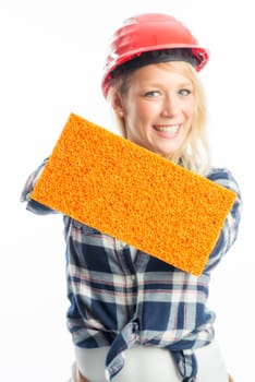 Female craftsman with sponge as advertising space