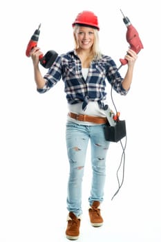 Female craftsman with cordless screwdriver and drill