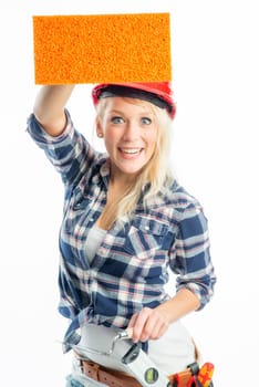 Female craftsman with sponge as advertising space