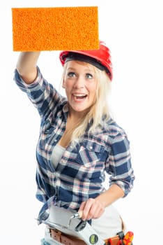 Female craftsman with sponge as advertising space