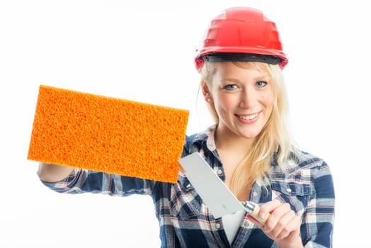 Female craftsman with sponge as advertising space