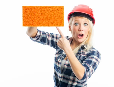 Female craftsman with sponge as advertising space