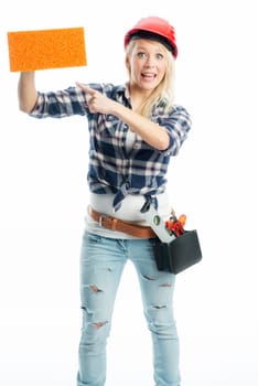 Female craftsman with sponge as advertising space