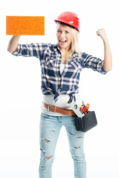 Female craftsman with sponge as advertising space