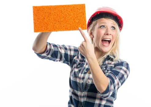 Female craftsman with sponge as advertising space