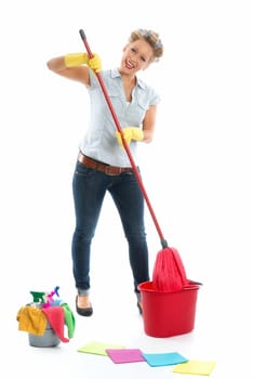 Cleaning lady with bucket and mop