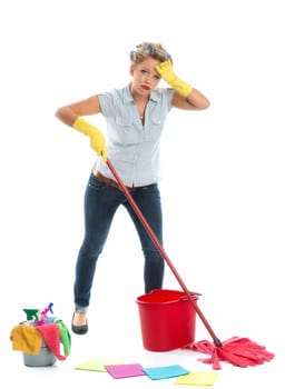 Tired cleaning lady with bucket and mop