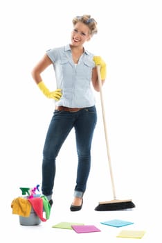Housewife with bucket and bher