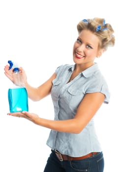 Housewife with spray bottle
