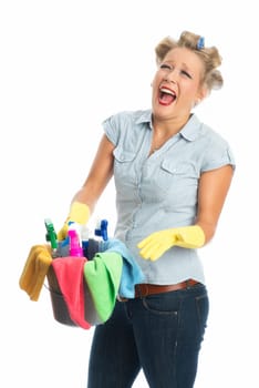 Screaming cleaning lady with bucket