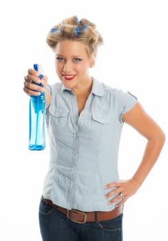 Housewife with spray bottle