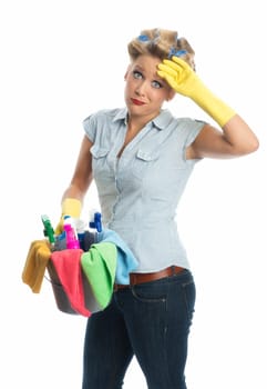 Tired cleaning lady with bucket