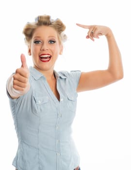 Housewife shows thumb high