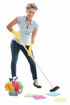 Housewife with cleaning equipment