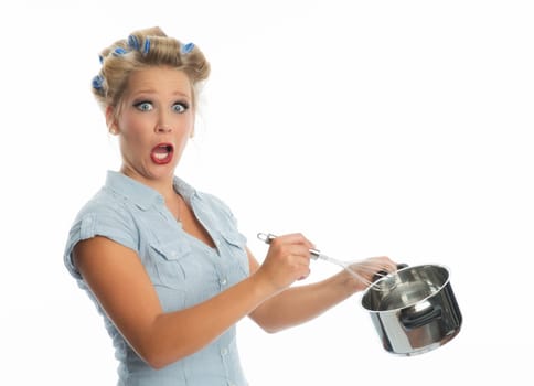 Blonde woman with cooking pot