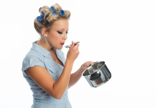 Blonde woman with cooking pot